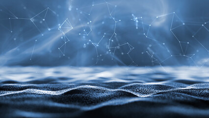 Abstract digital technology textured waves with glowing lines dots net and fog effect illustration background.	
