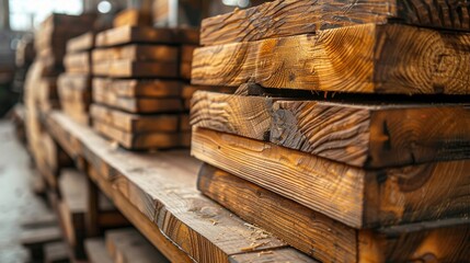 stacked wooden boards in a woodworking industry. stacks with pine lumber. folded edged board