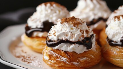 Close up of profiteroles on a white plate against a black backdrop Getting ready to make eclairs