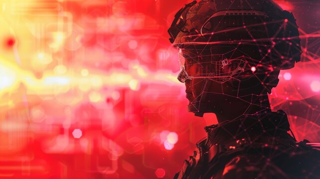 Cybernetic silhouette of a scifi soldier interfacing with tech