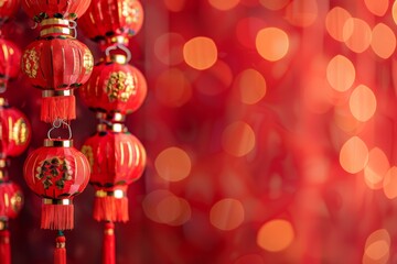 A red background with red lanterns hanging from the ceiling. The lanterns are hanging in a row and...