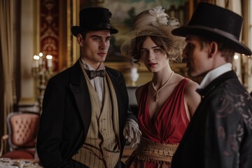 1920s style male and female friends in a luxury stately home setting