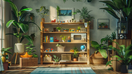 A small vacation home, toys on the shelves and plants all around