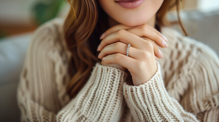 A close-up of a beautiful woman wearing a ring hand