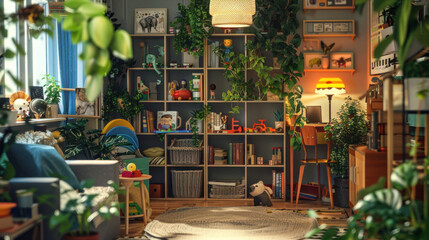 A small vacation home, toys on the shelves and plants all around