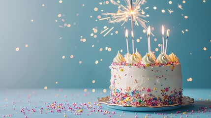 Birthday cake with vivid candles and sparklers against a blue backdrop, perfect for a celebration with space for text