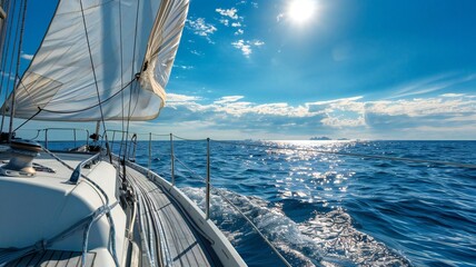 Sailboat Gliding on Blue Ocean Under Bright Sunlight