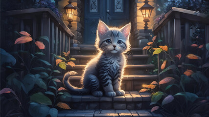 Mały kot, kotek siedzi na schodach przed wejściem do domu