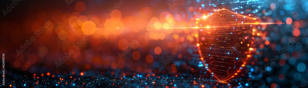 Poster futuristic digital shield on vibrant orange and blue background representing cybersecurity and data 