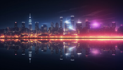 A city skyline is reflected in a body of water