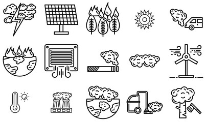 Set Of Pollution Icons Silhouette Vector Logo Design Containing Greenhouse-Effect,Fire,Global-Warming,Smoke,Pollution Vector Icon Set Linear Pictogram Pack