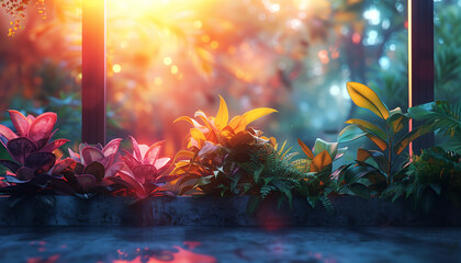 Obraz premium Sunlight filtering through a lush indoor garden window with vibrant, colorful plants, creating a serene and peaceful atmosphere.