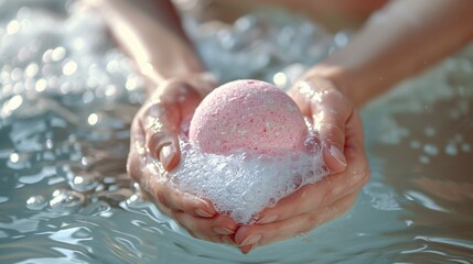 Female holding fizzy bath ball above liquid with bubbles, close-up. Room for words.
