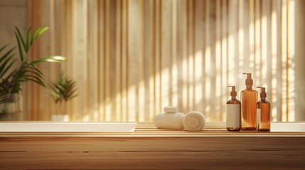 Timber stand for bathing and wellness items in blurred restroom.