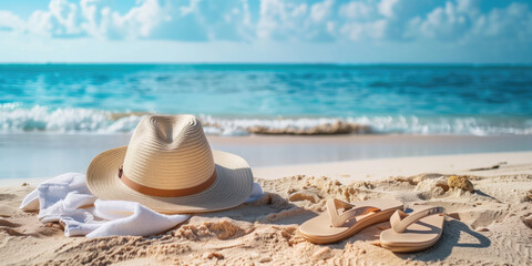 Straw hat and flip-flops on a sandy beach with turquoise water in the background.