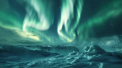 Breathtaking view of the northern lights dancing over a frozen tundra landscape.