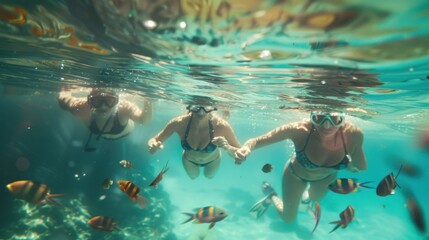 Close-up of people swimming under the sea to see fish.