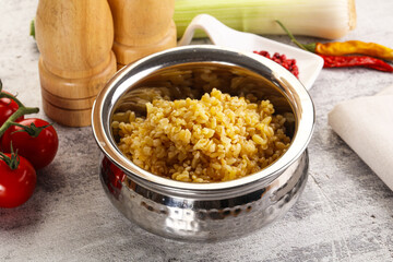 Boiled bulgur wheat in the bowl