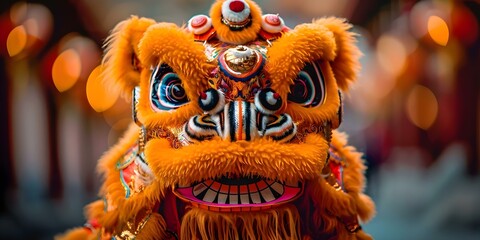 Fototapeta premium Vibrant Chinese lion adorned in traditional splendor evoking cultural festivities and symbolism. Concept Chinese Culture, Lion Dance, Festive Celebrations, Traditional Costumes, Cultural Symbolism