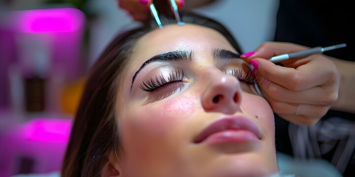 Woman getting eyelash lamination treatment at beauty salon. Concept Beauty treatment, Eyelash lamination, Salon experience, Pampering session, Cosmetic enhancement