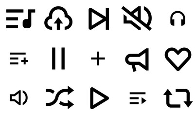 A Collection Of Music Application Vector Symbols Apps, Websites Ui Designs Suitable For Upload,Speaker,Track,Plus Set Vector Flat Line Icons