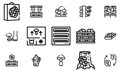 A Collection Of Mushroom Farm Plant Icons Silhouette Vector Logo Design Containing Farm,Vegetable,Growing,Mushroom-Farm,Mushroom Vector Illustration Linear Pictogram Pack