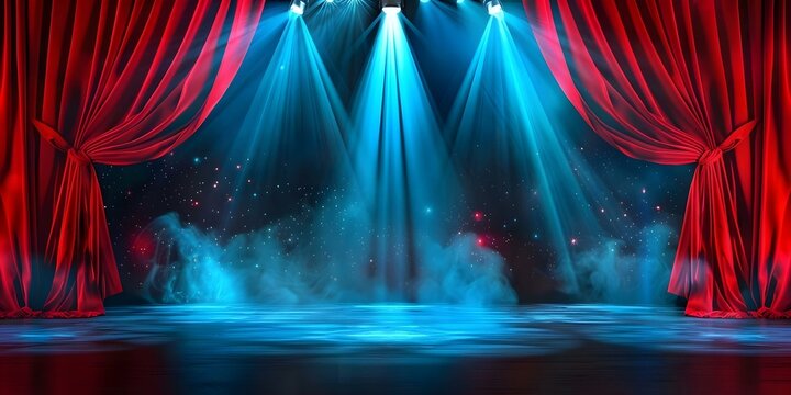 Theater stage set with red curtains spotlight and magical ambiance. Concept Theater Stage, Red Curtains, Spotlight, Magical Ambiance