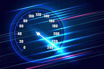 Speed motion with fast speedometer car on dark blue color background.High speed movement design.Vector illustration.