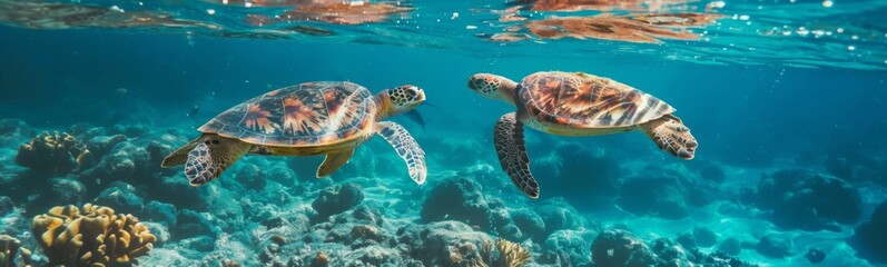 Obraz premium Two turtles swimming in the ocean together, travel concept 