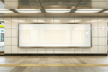 A large white billboard sits in a subway station. The billboard is empty and has no writing on it. Scene is calm and peaceful, as the empty billboard stands out against the busy subway environment