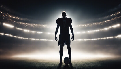 Silhouette of a professional football player. The background is dark and the warm spotlights is on

