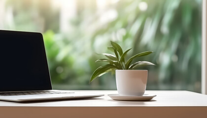 A laptop is on a table next to a plant and a cup