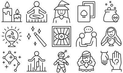 Set Of Magic Icons Web Header Banner Design Containing Fortune,Magic,Wizard,Horoscope,Clairvoyance Vector Illustration Linear Pictogram Pack
