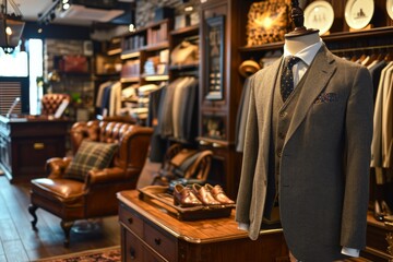 Business men's suit store indoor view, Men's suits on a hanger in a store window, AI-generated