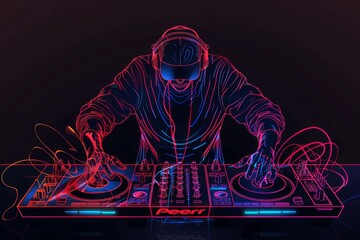 Neon drawing of a dj mixing music on a turntable