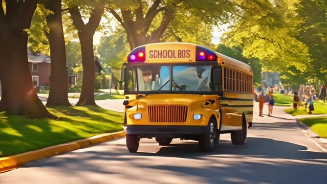 Big classic vintage american yellow schoolbus standing on a bus lane at highway and waiting pupils and children for school trip road. School bus transport on route bright morning time
