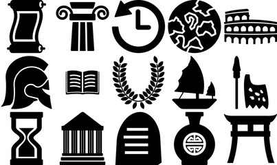 A Collection Of History Solid Icons Isolated Silhouette Solid Icons With Rome,Chinese,History,Time,Greek Solid Icon Collection. Vector Illustration