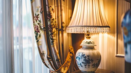 Cozy vintage lamp on wooden table beside elegant curtain