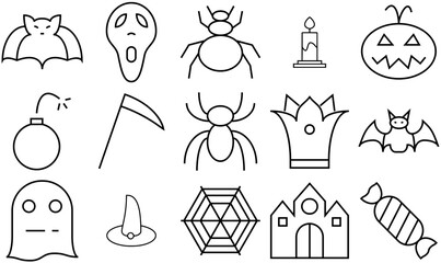 Mega Set Of Vector Halloween Sharp Isolated Silhouette Solid Icons With Spider,Spooky,Bat,Crown,Pumpkin Simple Black Style Symbol Sign For Apps And Website, Vector Illustration