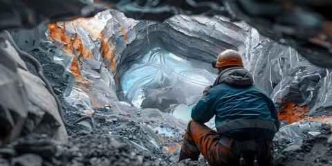 Man working underground in copper mine as a miner. Concept Underground Mining, Copper Extraction, Miner Work Environment, Industrial Safety, Mining Equipment