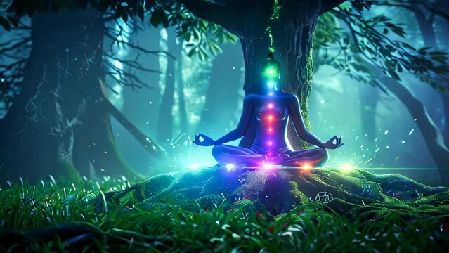 A meditating man silhouette, with luminous chakras, under a green tree
