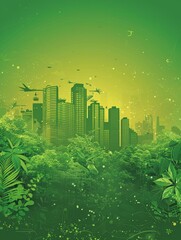 A green cityscape with buildings and trees. The city is full of life and energy. The sky is filled with birds and planes flying around. The city is a symbol of progress and growth