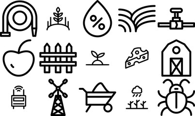 A Collection Of Farm Symbols Isolated Silhouette Solid Icons With Barrow,Fruit,Wheelbarrow,Farming,Plant Pictograms And Infographics Design Elements Vector Illustration