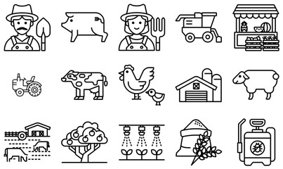 Set Of Farming And Agriculture Icons Silhouette Vector Logo Design Containing Farmer,Fruit,Agriculture,Animal,Farm Business Infographic Elements Logo Vector Illustration