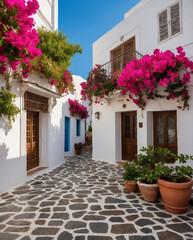 Discover the Charming Mediterranean Street in Greece Adorned with Vibrant Bougainvillea and Whitewashed Buildings