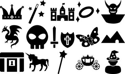 Mega Set Of Vector Fantasy Solid Icons Icons Collection Isolated Silhouette Solid Icons Including Wand,Magic,Castle,Fantasy,Fairy-Tale Vector Icon Set Linear Pictogram Pack