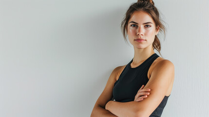Serious woman in a black sports top with arms crossed.