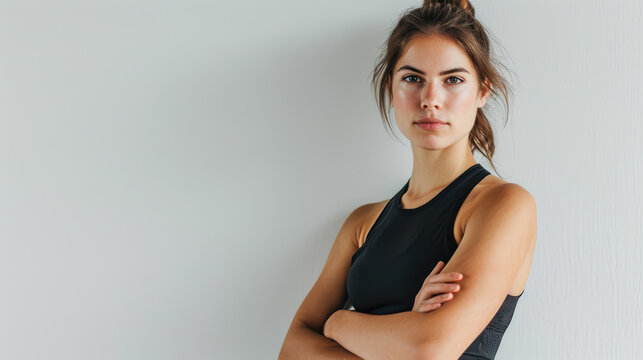 Serious woman in a black sports top with arms crossed.