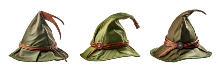 A set of green fantasy hats isolated on transparent background