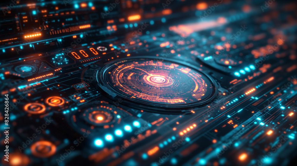 Poster futuristic graphical user interface data screen on a dark background.